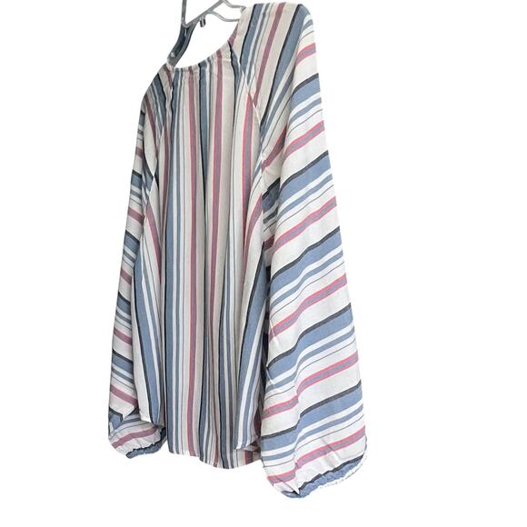 CHICO'S LONG BELL RAGLAN SLV BUTTON DOWN V-NECK BLOUSE, BLUE PINK BLACK STRIPE - Picture 6 of 11